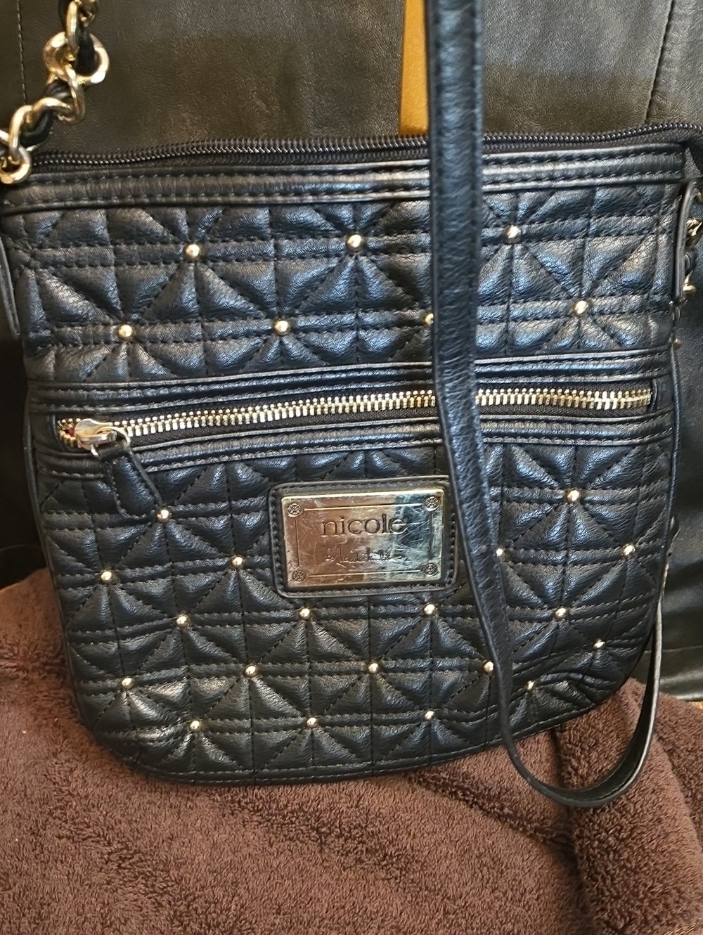 Nicole by Nicole Miller Black Quilted Crossbody with Gold Accents